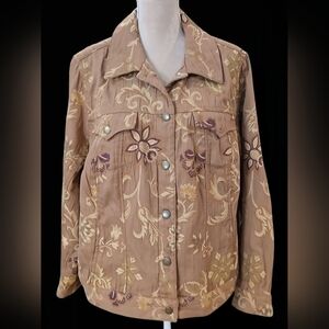 Carribbean Joe Plus Beige Embroidered Floral Button Down Jacket Womans 2x Mature